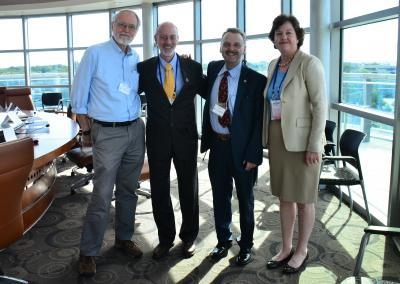 (From left): Brian Kernighan (computer science professor and author, Princeton University); Jeff Toney (provost, Kean University); James Geller (computer science professor, associate dean of research, NJIT); and Pat Morreale (computer science department chair, Kean University) celebrate the contributions and commitment to teaching college-level computer science.