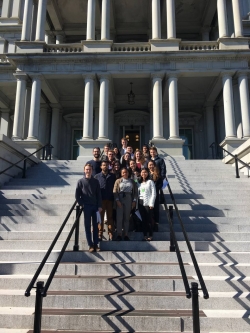 Sixteen Princeton students attended the Center for Information Technology Policy’s Tech Policy Boot Camp in Washington, D.C., last fall. The participants met with government officials and leaders in nonprofit organizations and business to learn about the many issues that arise from technology’s use in society. Here they pause for a photo on the steps of the Eisenhower Executive Office Building