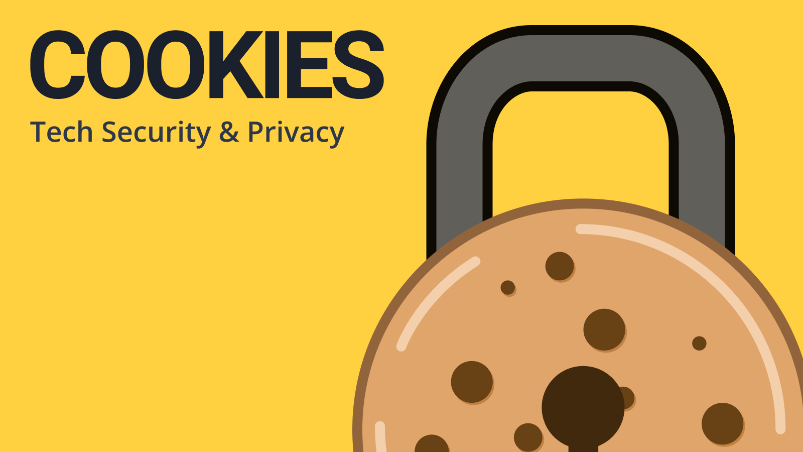 Simple illustration of a chocolate chip cookie with a metal padlock top and keyhole. The text next to the cookie padlock reads \"Cookies, tech security and policy\".