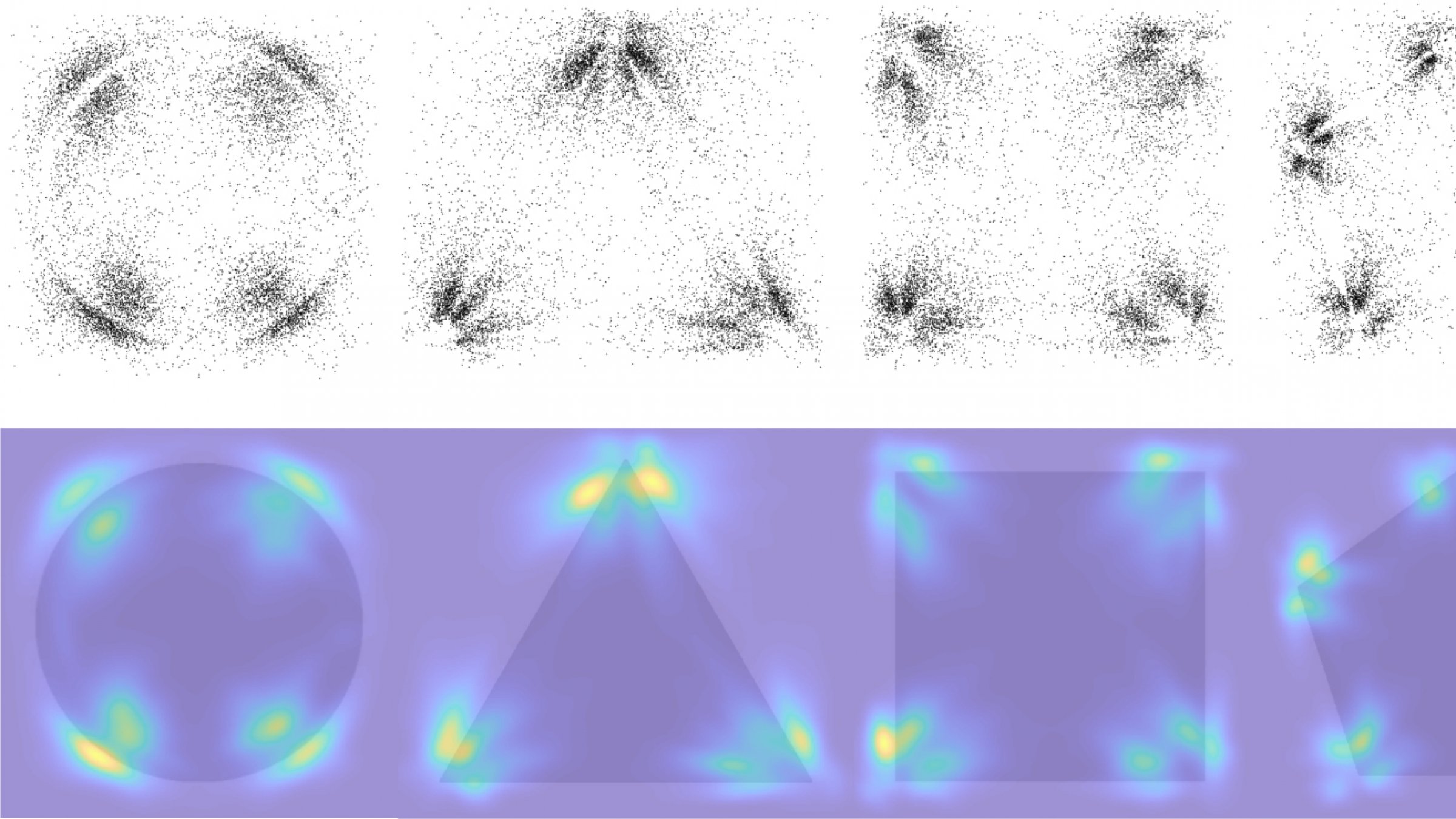 Two images stacked on top of each other. Top image shows black dots clustered in the corners of geometric shapes. Bottom image shows same shapes highlighting the clusters.