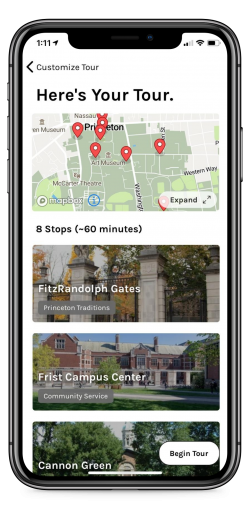 Phone screen shot of a personalized tour Adora might generate for students visiting Princeton.